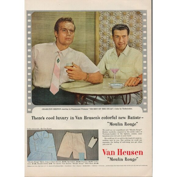 1954 Van Heusen Batiste "Moulin Rouge" Vintage Print Ad, Charlton Heston (L5) - Picture 1 of 3